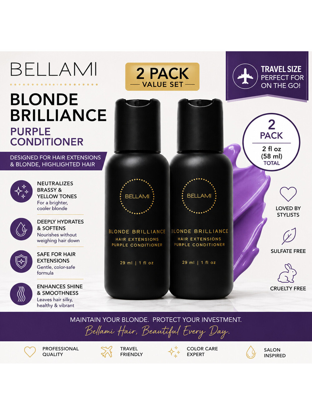 Bellami Blonde Brilliance Purple Conditioner 2-Pack Travel Size 1oz Extensions